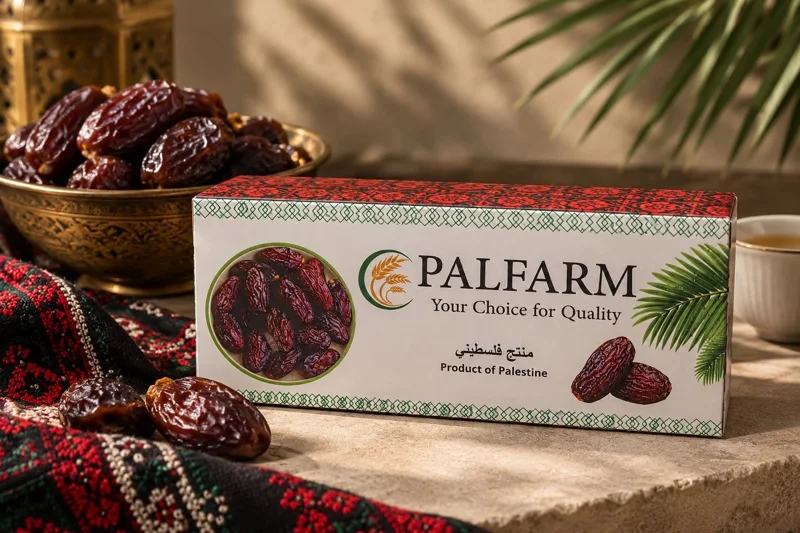 عبوة PALFARM مع التمر والتفاصيل المحيطة